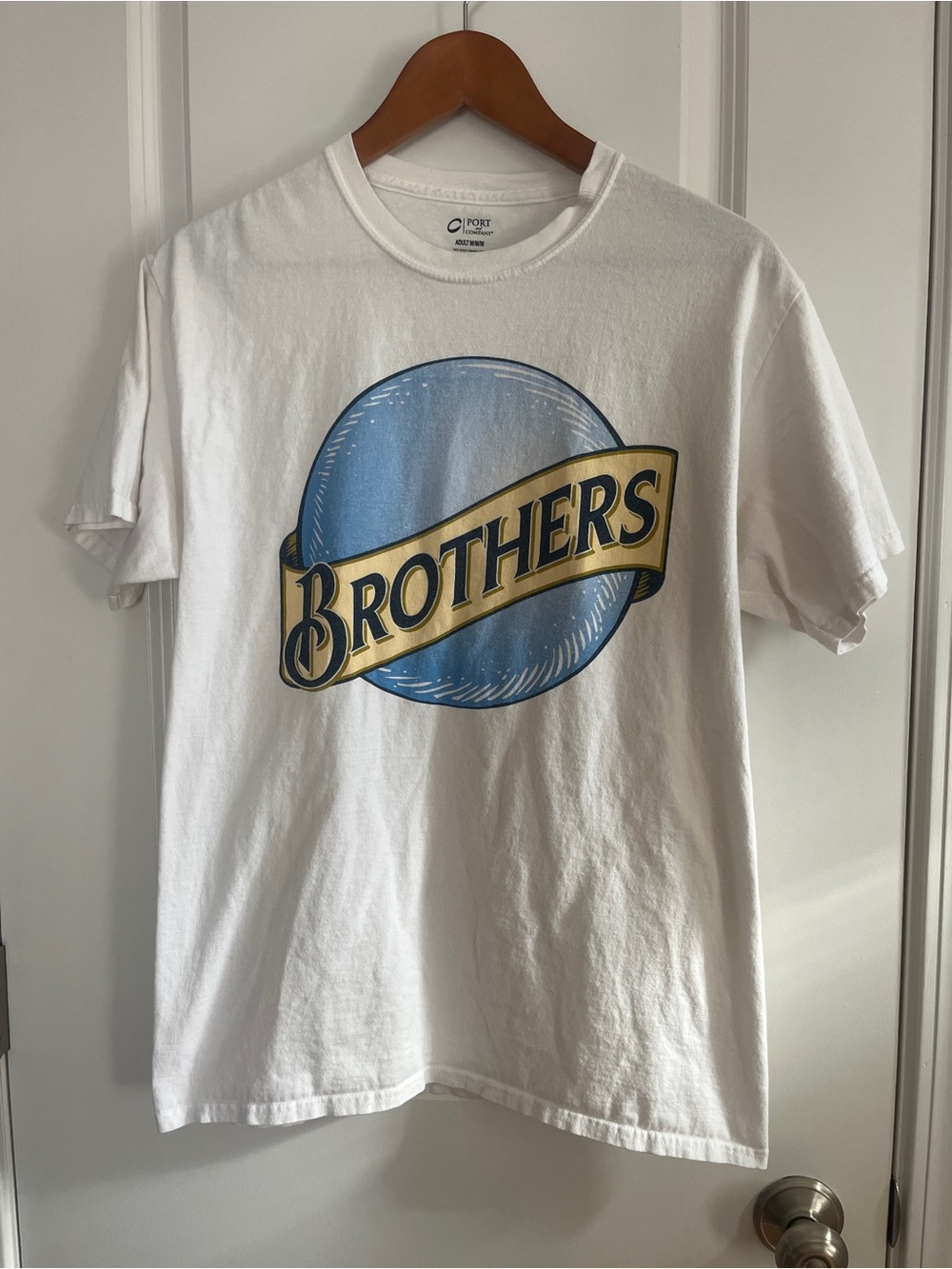 Port and Company White Tee with Blue and Gold 'Brothers' Graphic